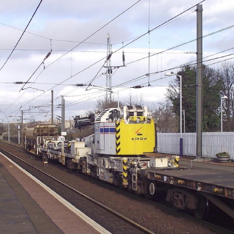 SB Rail Kirow crane passing Slateford.: SB Rail Kirow crane passing Slateford, en route to Millerhill as part of 6S50, the 12:16 from Carlisle N.Y. Up front was GBRf 66744 Photo of SB Rail Kirow crane passing Slateford.