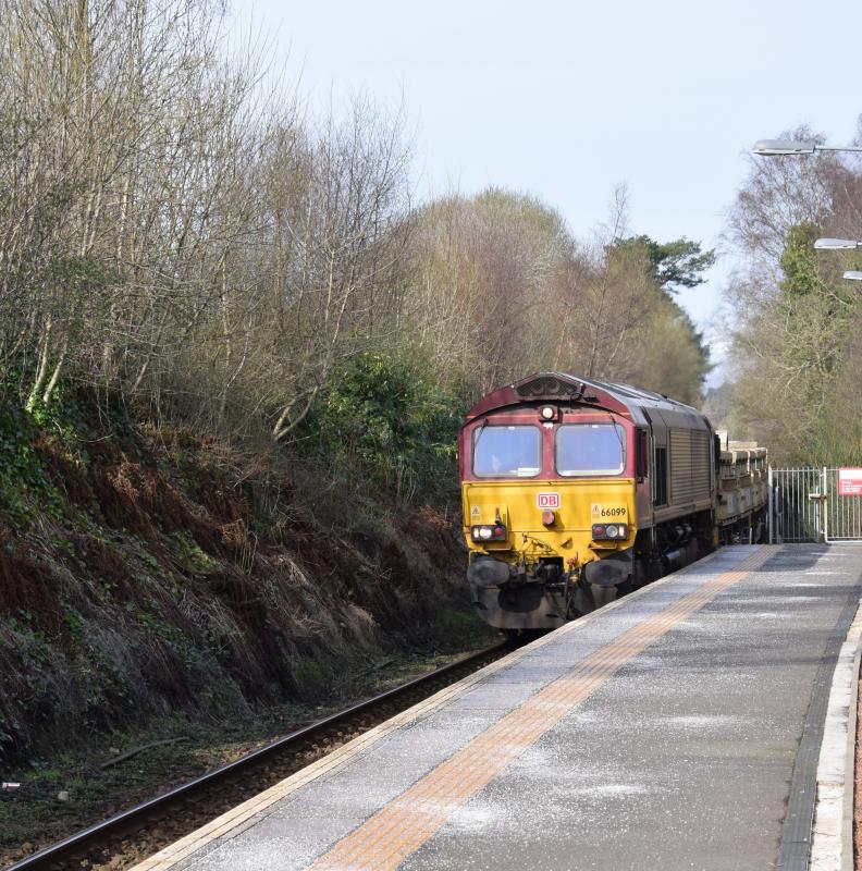 Rannoch-Carlisle at Helensburgh Upper 24 March 2017: DBC Class 66 #66099 heads the Rannoch - Carlisle train consisting of MRAs at Helensburgh Upper running over 50 mins late. Photo of Rannoch-Carlisle at Helensburgh Upper 24 March 2017