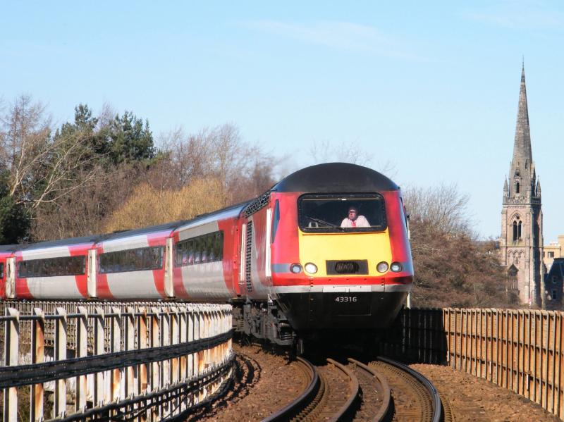 43316 @ Perth - 25 March 2017: The 1S03 Leeds to Aberdeen express, diverting over the Moncrieffe viaduct, at 11.52, from its usual East Coast route, with St Mathew's church spire in the background Photo of 43316 @ Perth - 25 March 2017