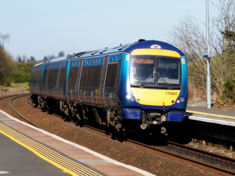 170407 @ Gleneagles - 26 March 2017: The 1T80 Inverness to Glasgow Queen Street scampers south, at 15.10, adorned with British Transport Police decals Photo of 170407 @ Gleneagles - 26 March 2017