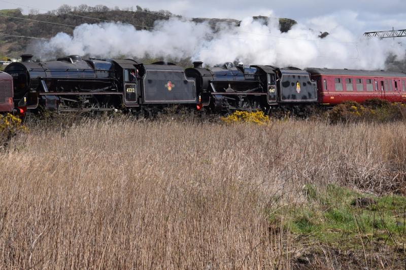 5Z46 approaching Dumbarton East 10 April 2017: Black 5s 45212 and 45407 - with a little(!) bit of 37518 running approx 5 early from Carnforth to Fort Bill Photo of 5Z46 approaching Dumbarton East 10 April 2017