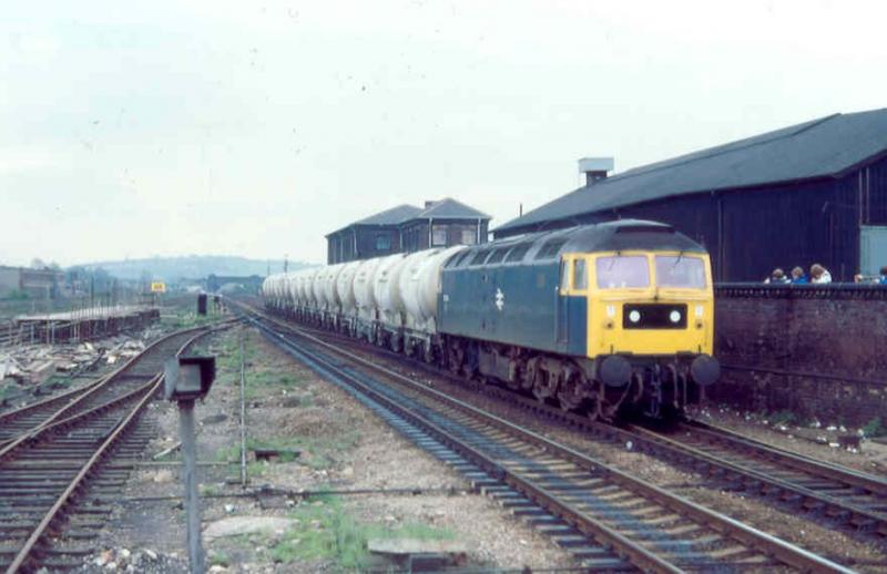 Past the crooked spire: Not in the pic unfortunately. 47343 with a cement train at Chesterfield in 1978. Photo of Past the crooked spire