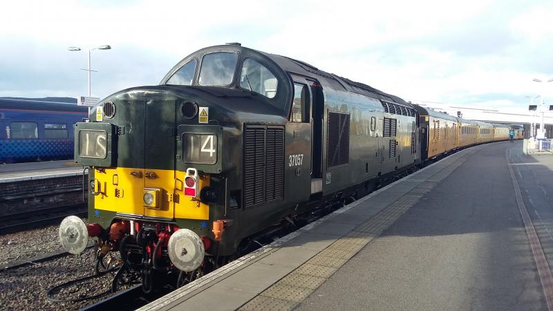 PLPR Test Train - Highlands: 1Q77 Mossend Down Yard to Inverness Colas Rail (via Inverness and Aberdeen) 15th April 2017. 37057/D6757 seen at Inverness Station. 37421 is at the Photo of PLPR Test Train - Highlands