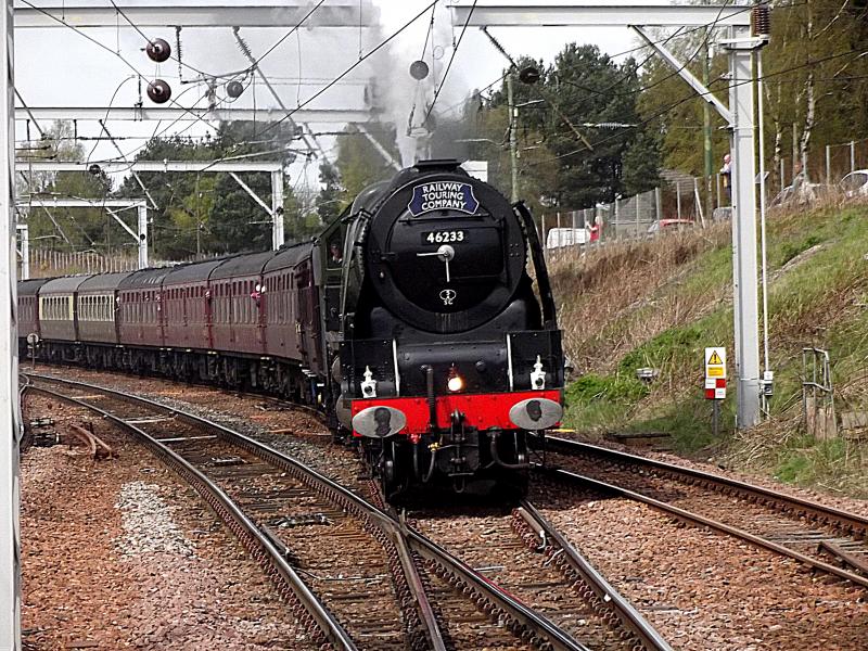 46233 on GB X at Carstairs: 46233 Duchess of Sutherland emerges from its water stop at Carstairs on Thursday 4th May 2017 Photo of 46233 on GB X at Carstairs