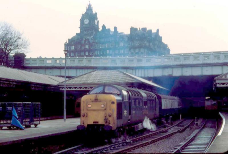 Deltic finale-1: Towards the end of the reign of the Deltics on the ECML in 1981, 55021 ARGYLL AND SUTHERLAND HIGHLANDER waits to work the 0855 from Waverley to Aberdeen, a fairly regular job for a Deltic. Photo of Deltic finale-1