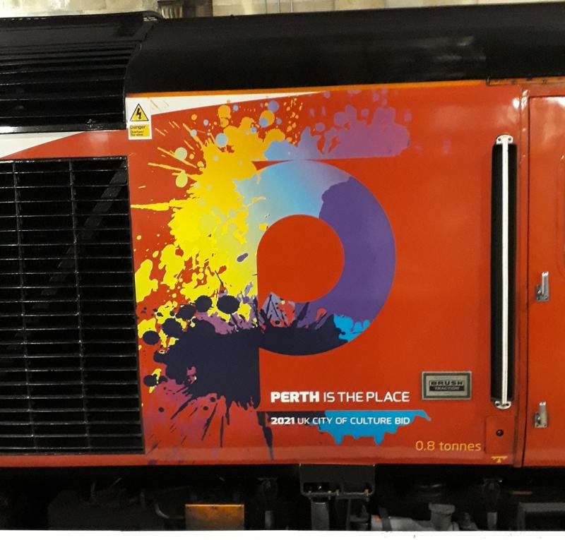 43295 Perth is the Place: New decals at van end of Virgin liveried power car 43295, promoting the 2021 city of culture bid. Applied at the end of April, and photographed on 5th May 2017. Photo of 43295 Perth is the Place