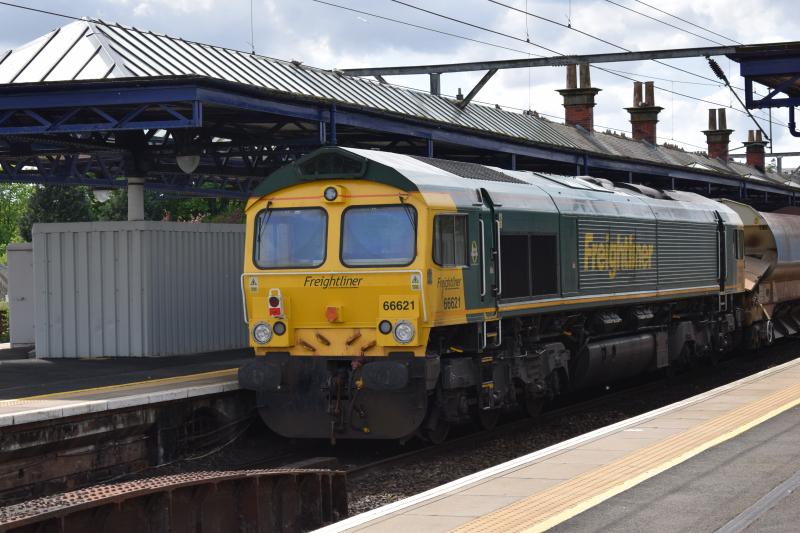 Rear loco Millerhill-Loch Eil Outward Bound 17 May 2017: Freightliner 66 66621 on rear of ballast train at Dumbarton Central Photo of Rear loco Millerhill-Loch Eil Outward Bound 17 May 2017