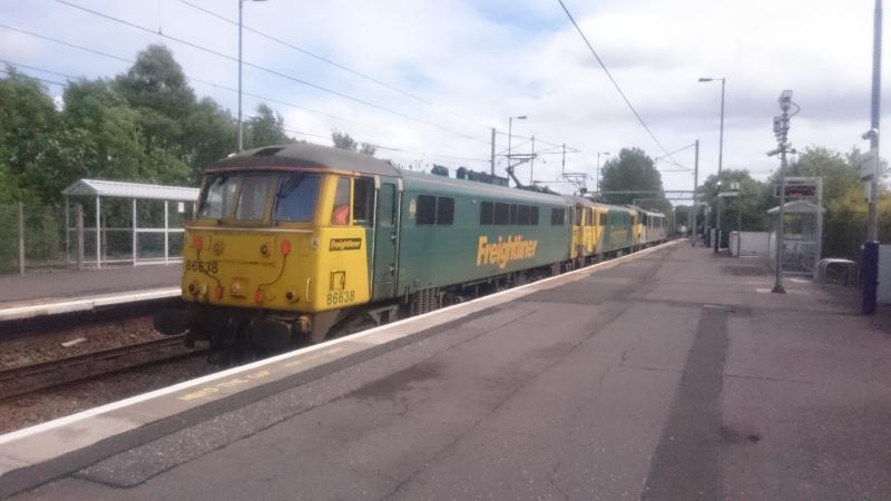 86638, 86637 & 90047 at Coatbridge Central: 86638, 86637 & 90047 passing through Coatbridge Central with a Mossend - Coatbridge FLT light engine move (23.05.17). Photo of 86638, 86637 & 90047 at Coatbridge Central
