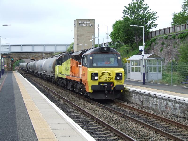 70802 at Markinch 29 May 2017: 70802 passes Markinch on 29 May 2017 in an Aberdeen to Oxwellmains Photo of 70802 at Markinch 29 May 2017