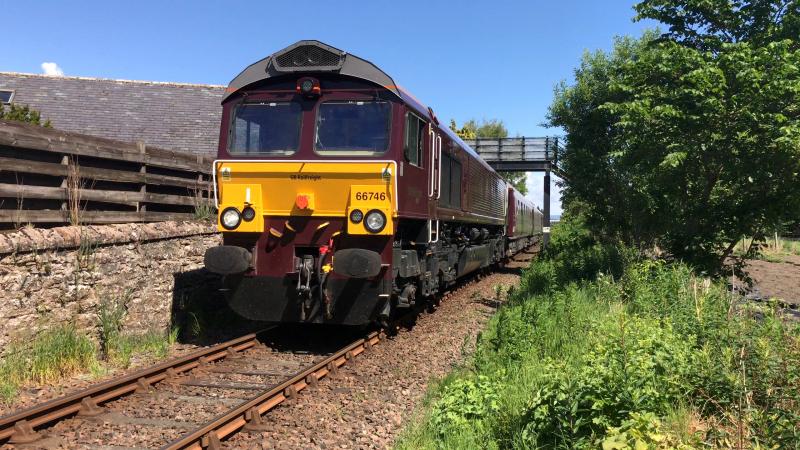 66746 Royal Scotsman at Maryburgh: 66746 on the 1H81 0839 Kyle of Lochalsh to Carrbridge at Maryburgh on Saturday 3rd June 2017. Photo of 66746 Royal Scotsman at Maryburgh