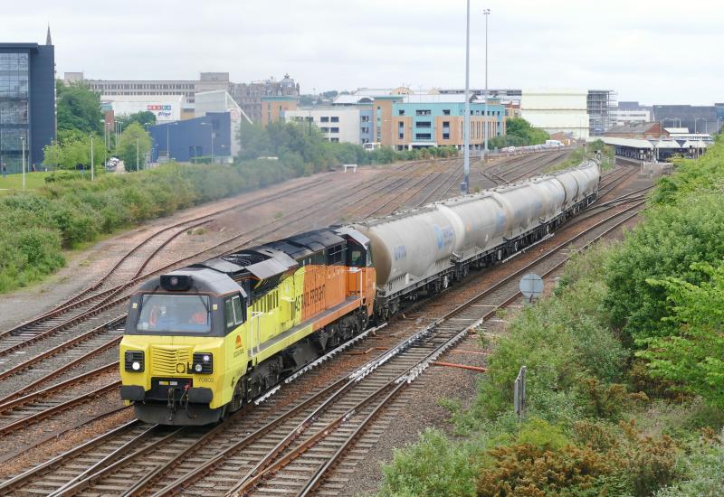 Photo of 70802 with empty cement wagons and 60056 dead on rear departing Dundee on the 29th. May 2017