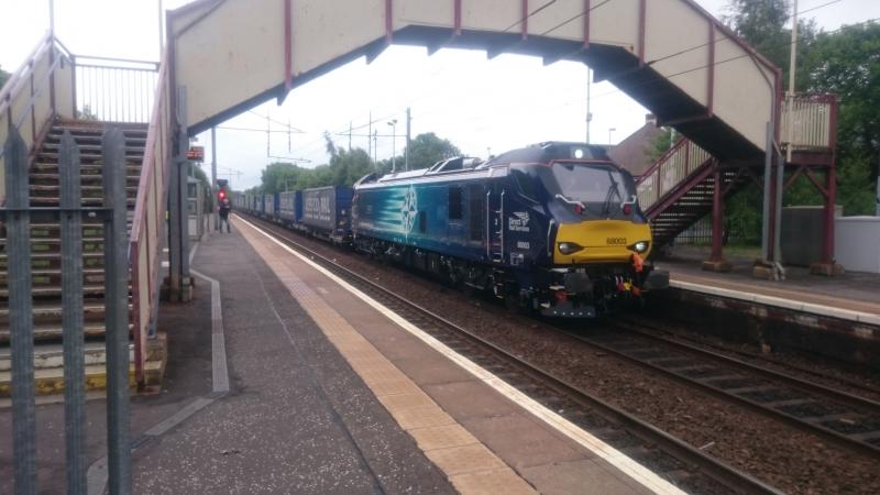 88003 at Holytown: 88003 at Holytown Station on diesel power with the pantograph down on the 4S43 Daventry - Mossend Tescoliner (12.06.17). Photo of 88003 at Holytown
