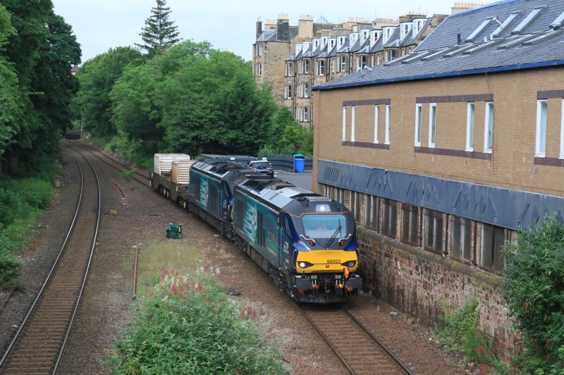 6S43: 68023 + 68001 on 6S43 06.23 Carlisle to Torness passing the site of Newington station on 15/06/2017 Photo of 6S43