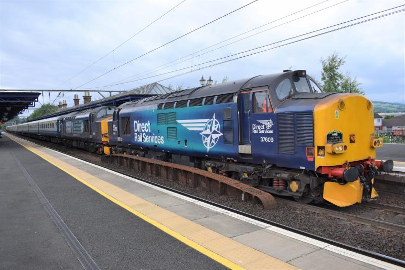 3 Peaks Special at Dumbarton Central: DRS Class 37s 37609 & 37605 about to depart from Dumbarton central after a short stop on 17 June 2017 Photo of 3 Peaks Special at Dumbarton Central