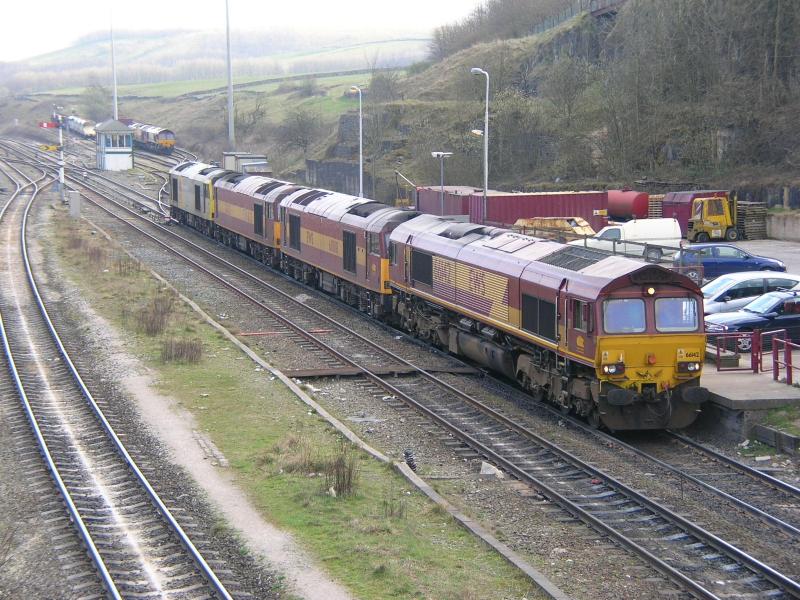 66142 and three tugs at Peak Forrest: 66142 and three tugs await their next duties (Photo by Jeff Paterson) Photo of 66142 and three tugs at Peak Forrest