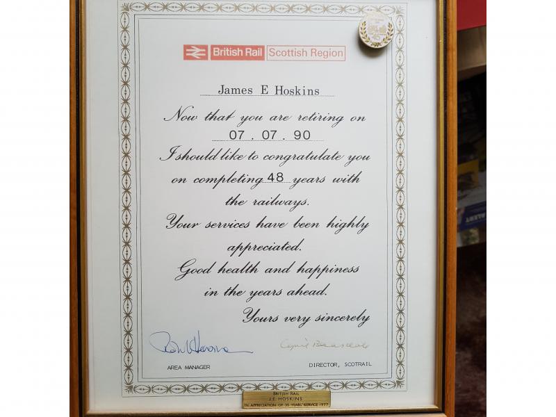 Photo of J Hoskins retiral certificate