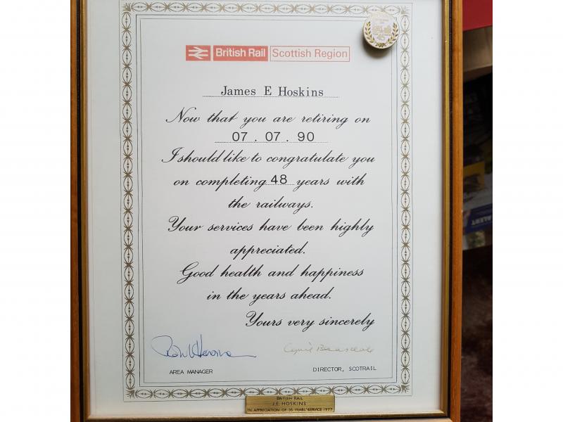 J Hoskins retiral certificate: Certificate of thanks for 48 years service to the railway presented to driver J Hoskins of Dundee depot on his retiral 7th July 1990. Photo of J Hoskins retiral certificate