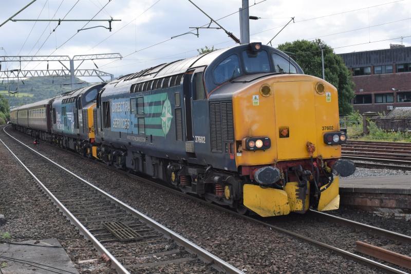 1Z37 Dumbarton Central 12.8.17: DRS Class 37s 37602/9 enter Dumbarton Central on 1Z37 Edinburgh-Oban on 12 August 2017 Photo of 1Z37 Dumbarton Central 12.8.17