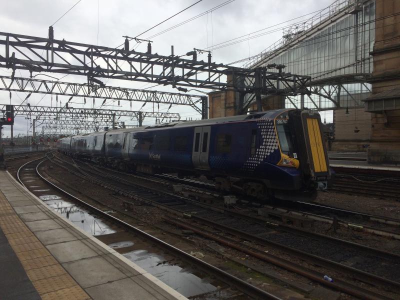 380107 departs Glasgow Central: 380107 departs Glasgow Central after calling there while forming the 1C58 12:37 Ayr to Edinburgh Waverley on Tuesday 29th August 2017. Photo of 380107 departs Glasgow Central