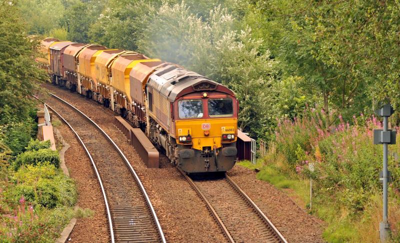 66002 T&T With 66155 on SAKO train: 66002 T&T with 66155 leads the SAKO Ballast Train Nearing Busby Junction on a Millerhill SS - Mauchline engineers train. Sunday 2017-08-27 Photo of 66002 T&T With 66155 on SAKO train