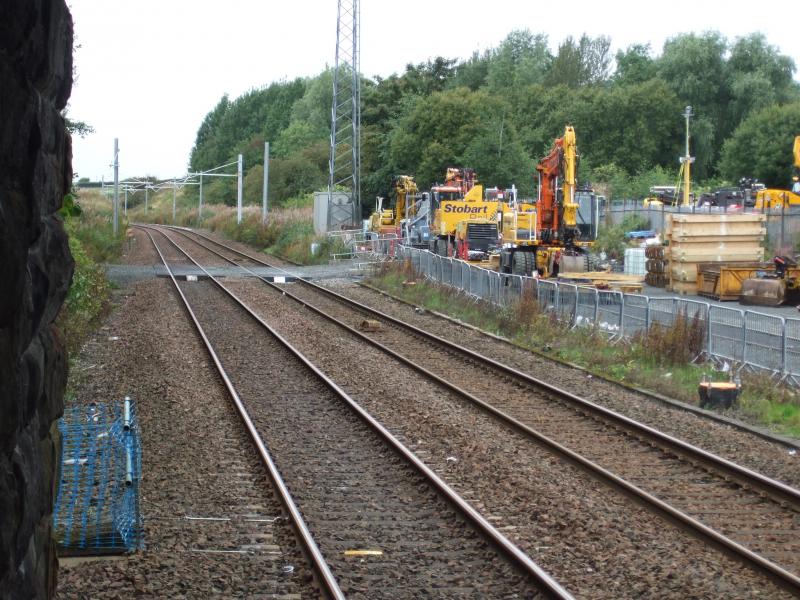 Cleland towards Holytown Jn.: ELECTRIFICATION WORKS. Photo of Cleland towards Holytown Jn.