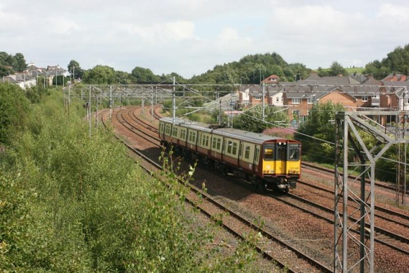 Suburban surroundings: Class 314 heads towards Paisley G.S as it passes Arkleston 24/8/08 Photo of Suburban surroundings