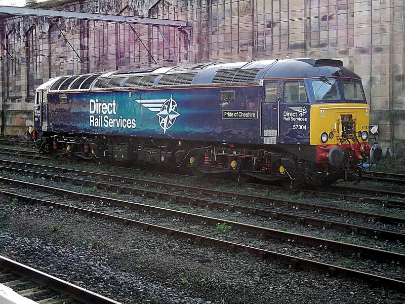 57304 at Carlisle: DRS Operated 57304 The Pride of Cheshire waits at Carlisle for its next turn of duty, as Virgin Thunderbird on Sunday 27th October 2017 Photo of 57304 at Carlisle