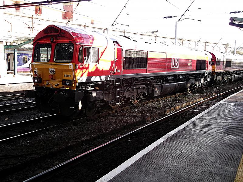 66149 at Carlisle: DR Operated 66149 waits at Carlisle on the rear of a convoy of 66s sent for weekend working. The convoy is bound for Crewe, on Sunday 27th October 2017 Photo of 66149 at Carlisle