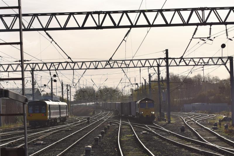 Threesome at Carlisle 9.11.17: FL 66565 approaches Carlisle on the Daventry Int Rft-Mossend PD Stirling intermodal passing Virgin Voyager 9M52 to Euston and 2N20 Carlisle-Newcastle Photo of Threesome at Carlisle 9.11.17