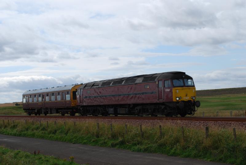 57 at Arbroath: 57 601 Heads North with an engineers saloon just South of Arbroath Photo of 57 at Arbroath