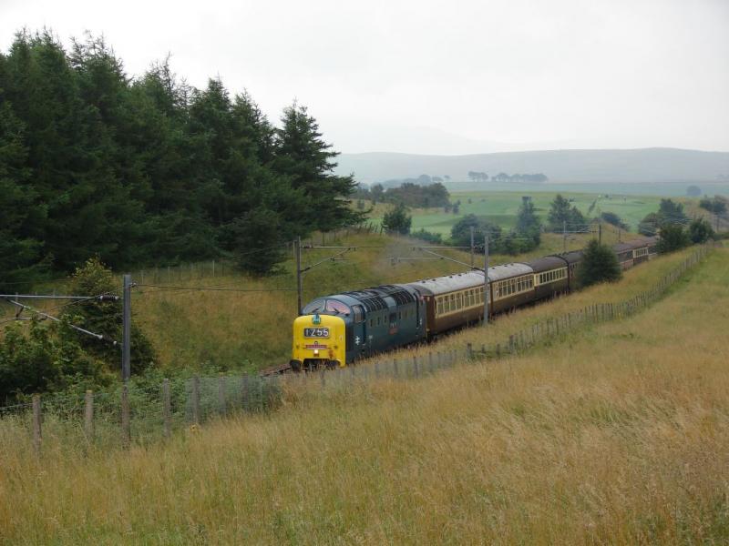 55022 approaching Carnwath on 30th Aug 2008: 55022 roars up towards the site of the former Carnwath station with the Retro Scot railtour on 30th August 2008. Photo of 55022 approaching Carnwath on 30th Aug 2008