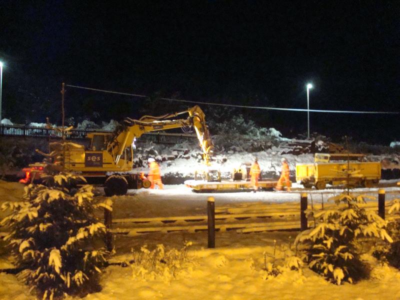 Engineering Equipment Crianlarich: Equipment at Crianlarich Sidings getting made ready to start overnight work around 10pm on Thursday 14th December 2017. Around +4 Photo of Engineering Equipment Crianlarich