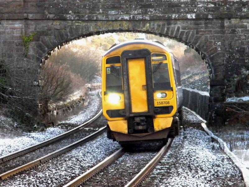 158708 @ Gleneagles - 07 January 2018: Passing under a bridge lined with icicles, as it heads for Dundee. The unit was coupled to DMU 170403 Photo of 158708 @ Gleneagles - 07 January 2018