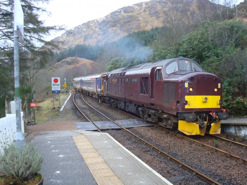 Loch Laidon Recovering 156458 : Loch Laidon with landslide damaged 156458 entering Glenfinnan Station on afternoon of Friday 26th January after recovering 156458 from landslip. Heading for Fort William at 5 mph! Photo of Loch Laidon Recovering 156458