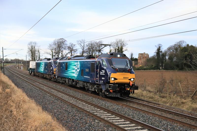 Class 88 on 6S43: 88004 + 88009 on 6S43 06.23 Carlisle Kingmoor to Torness passing Redhouse Castle between Longniddry & Drem on 14/02/2018 Photo of Class 88 on 6S43