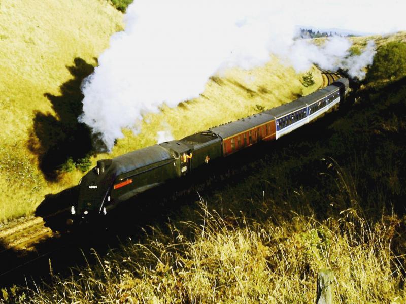 60009 @ Loaninghead in 1993: Heading south with a rail tour - The Fair Maid perhaps - in bright sunshine and deep shadow. Scanned from a 6 Photo of 60009 @ Loaninghead in 1993