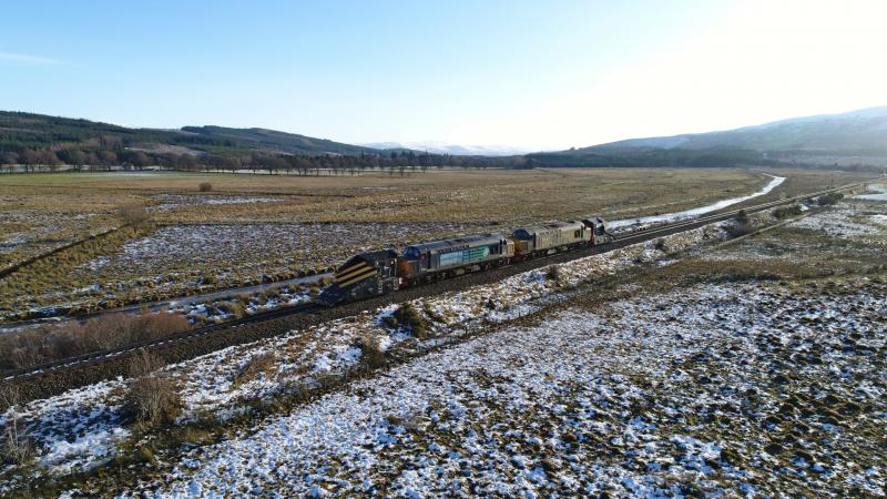 37602 and 37218 with the Inverness Snowploughs.: 37602 and 37218 are pictured at Moy,returning to Inverness after an outing to Tomatin on a snowplough test run. Photo of 37602 and 37218 with the Inverness Snowploughs.