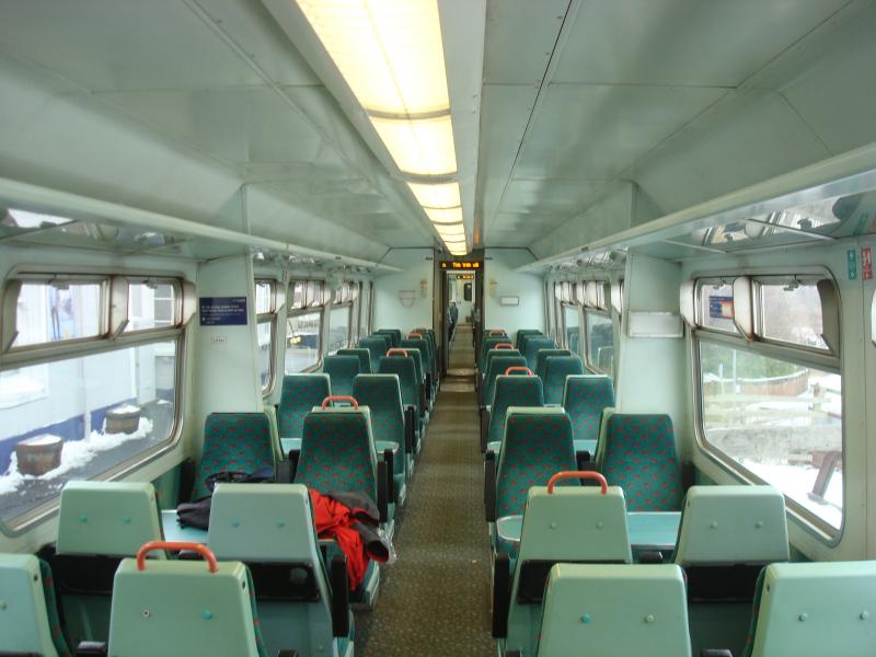 156445 with Green Interior: Interior of 156445. Does not have the standard ScotRail interior and it seems it is less worn and cleaner. Photo of 156445 with Green Interior
