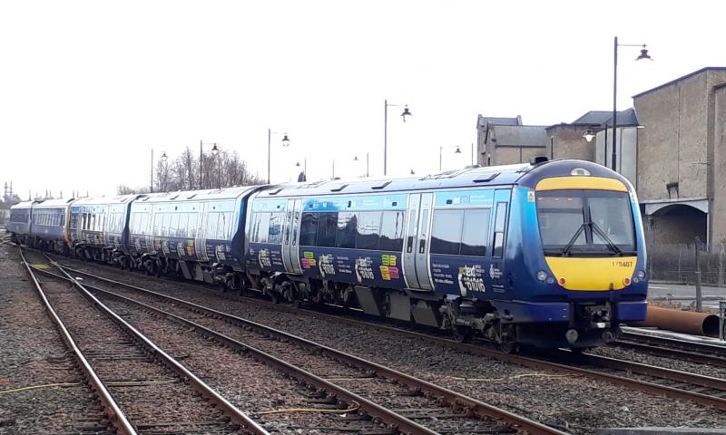 170407, 11-03-2018: Turbostar 170407 in British Transport Police 'text 61016' promotional livery, departing Stirling, 11th March 2018. This livery was applied in September 2016. Photo of 170407, 11-03-2018