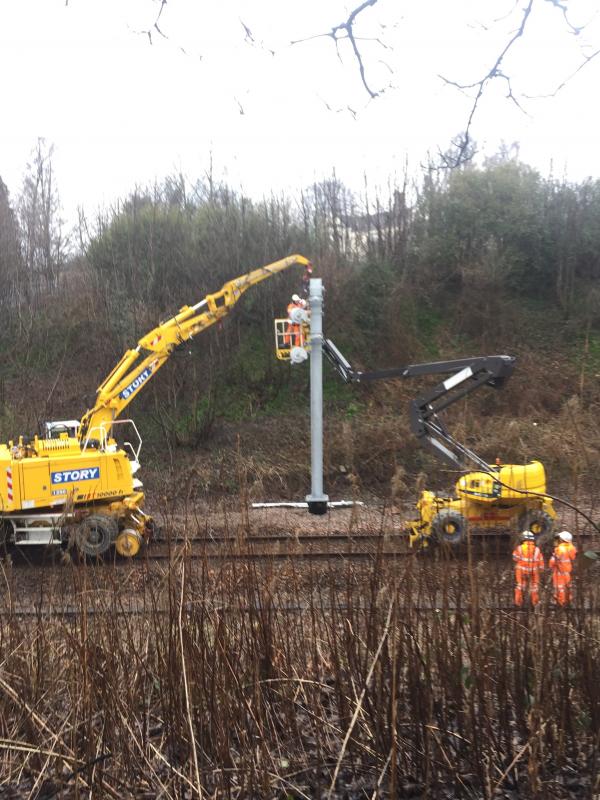 27th March 2018 work on OHLE: Team fitting out OHL steelwork at West End park, Alloa Photo of 27th March 2018 work on OHLE