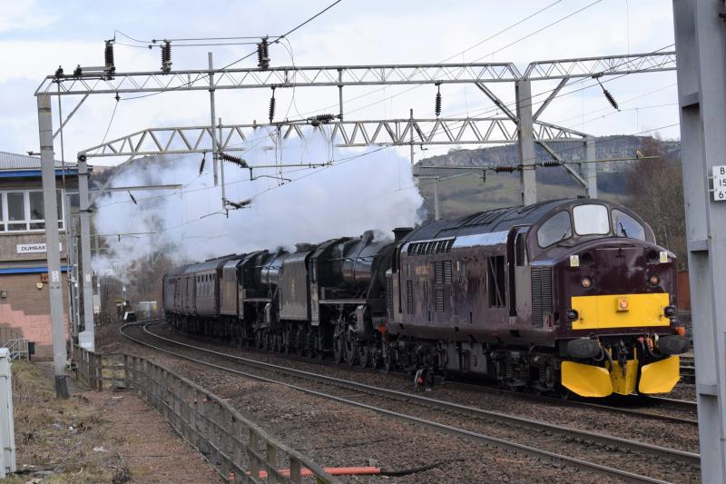 5z60 Dumbarton Central 28 March 2018: 37518, 44871 and 45407, masquerading as 45157, approach Dumbarton Central running slightly late en route from Carnforth - fort William. Photo of 5z60 Dumbarton Central 28 March 2018