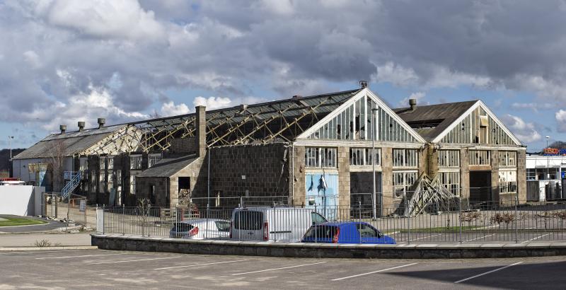 INVERURIE LOCO WORKS DEMOLITION 16.4.18.jpg: ROOFING REMOVED FIRST .THE GRANITE BLOCKS WILL BE REUSED TO BUILD NEW ?SHELTERED ACCOMMODATION. Photo of INVERURIE LOCO WORKS DEMOLITION 16.4.18.jpg
