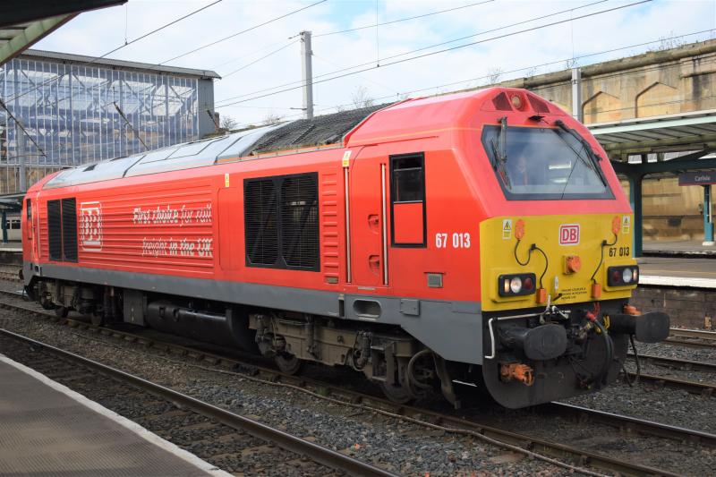 DBC 67013 Carlisle 18.4.18: DBC Class 67 67013 at Carlisle having arrived LE from Newcastle and waiting to return to Newcastle. Photo of DBC 67013 Carlisle 18.4.18