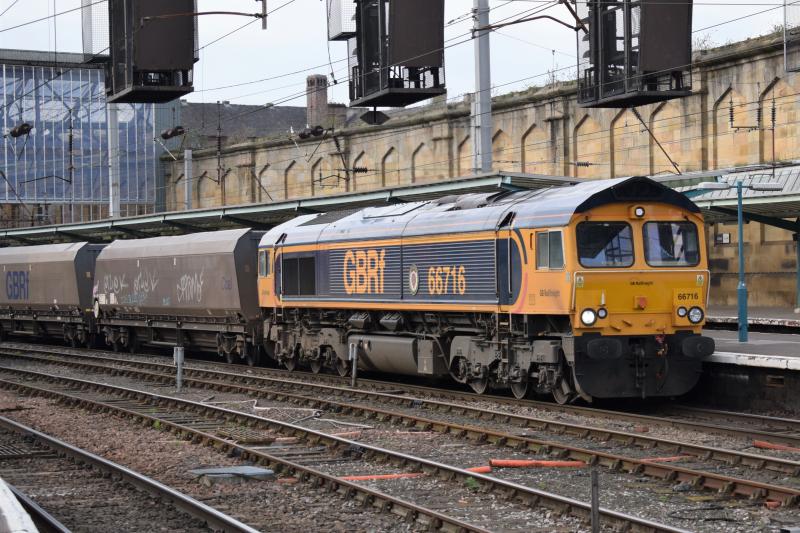 Greenburn-Cottam PS Carlisle 18.4.18: GBRf 66716 with a consist of HYAs and IIAs at Carlisle 18.4.18 Photo of Greenburn-Cottam PS Carlisle 18.4.18