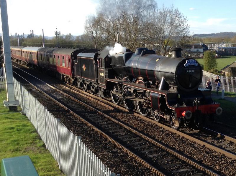 SRPS charter: Jubilee class 45690 Leander leaves Stirling on its second visit of the day on Saturday 21 st April 2018 Photo of SRPS charter