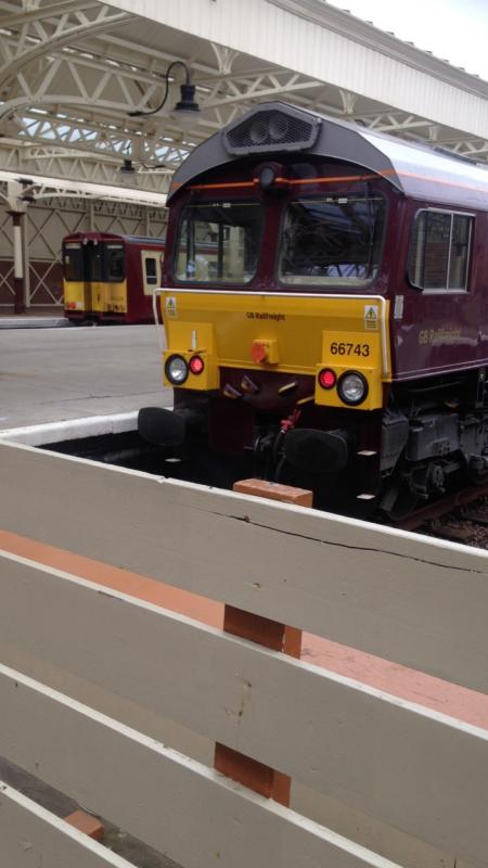 66743 Wemyss Bay: 66743 at the blocks at Wemyss Bay on Sunday 22/4/18 with 314206 in at platform 1 Photo of 66743 Wemyss Bay