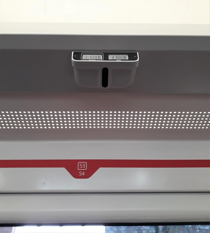 VTEC Electronic Seat Reservation: Recently fitted seat reservation box fitted underneath the luggage racks on VTEC HST coach 42109 in set EC61. Electronic reservations not currently in use. Photo of VTEC Electronic Seat Reservation