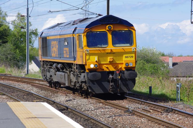 GBRF 66729 06May18: Light engine from Carlisle NY to Millerhill, passing Newcraighall station. Photo of GBRF 66729 06May18