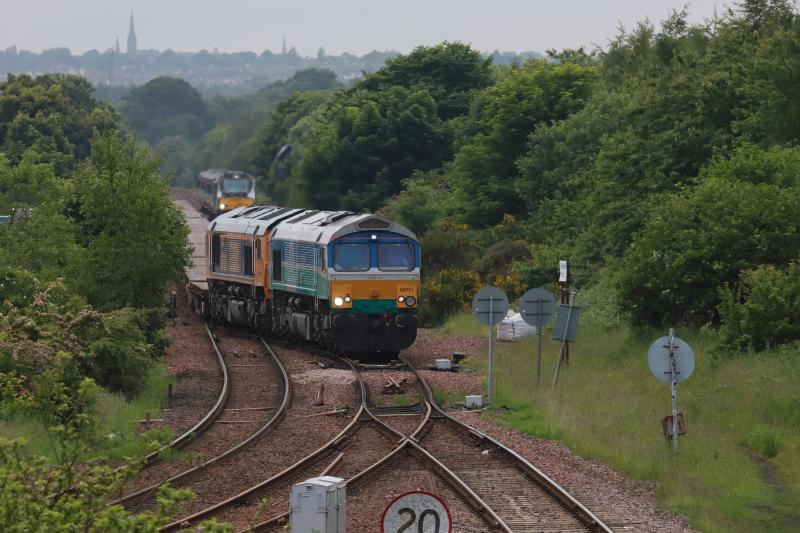 6S50: 66711 + 66702 on 6S50 12.16 Carlisle to Millerhill at Niddrie West Jct on 04/06/2018 Photo of 6S50