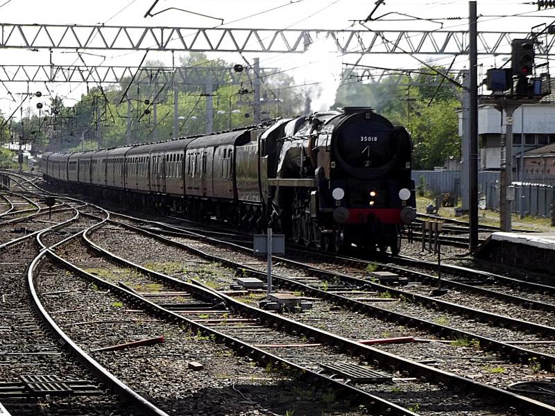 35018 at Carlisle: Ex SR Merchant Navy 35018 British India Lines arrives at Carlisle station on the Cumbrian Mountain Express from London Euston on Saturday 12th May 2018 Photo of 35018 at Carlisle